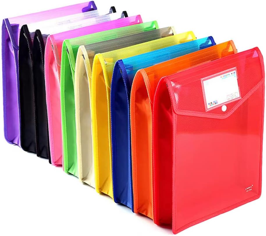 A4 Expandable Plastic File Pouch, Snap Closure, 10-Pack, Assorted Colors