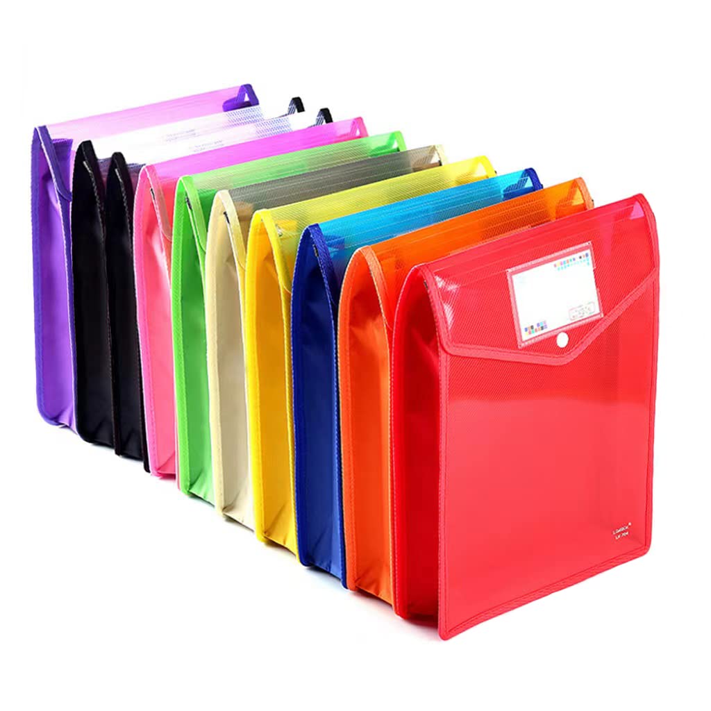 A4 Expandable Plastic File Pouch, Snap Closure, 10-Pack, Assorted Colors