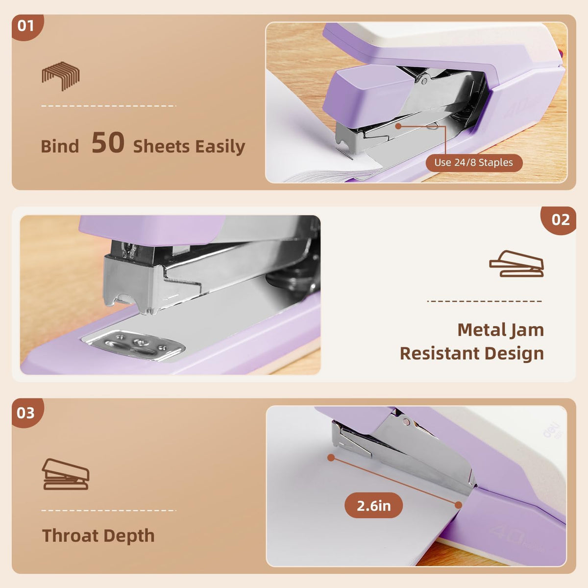 Deli Stapler, Effortless Staplers for Desk, 3 Pack, 3 Colors