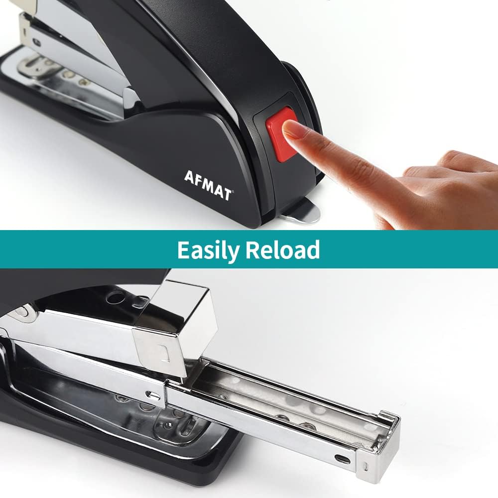 AFMAT Stapler for Desk, 50 Sheet Effortless Desktop Stapler Staple with One Finger, Portable Ergonomic Handheld Staplers Heavy Duty, Built-in Remover, Space Save Size, Good for Home & Office ES10