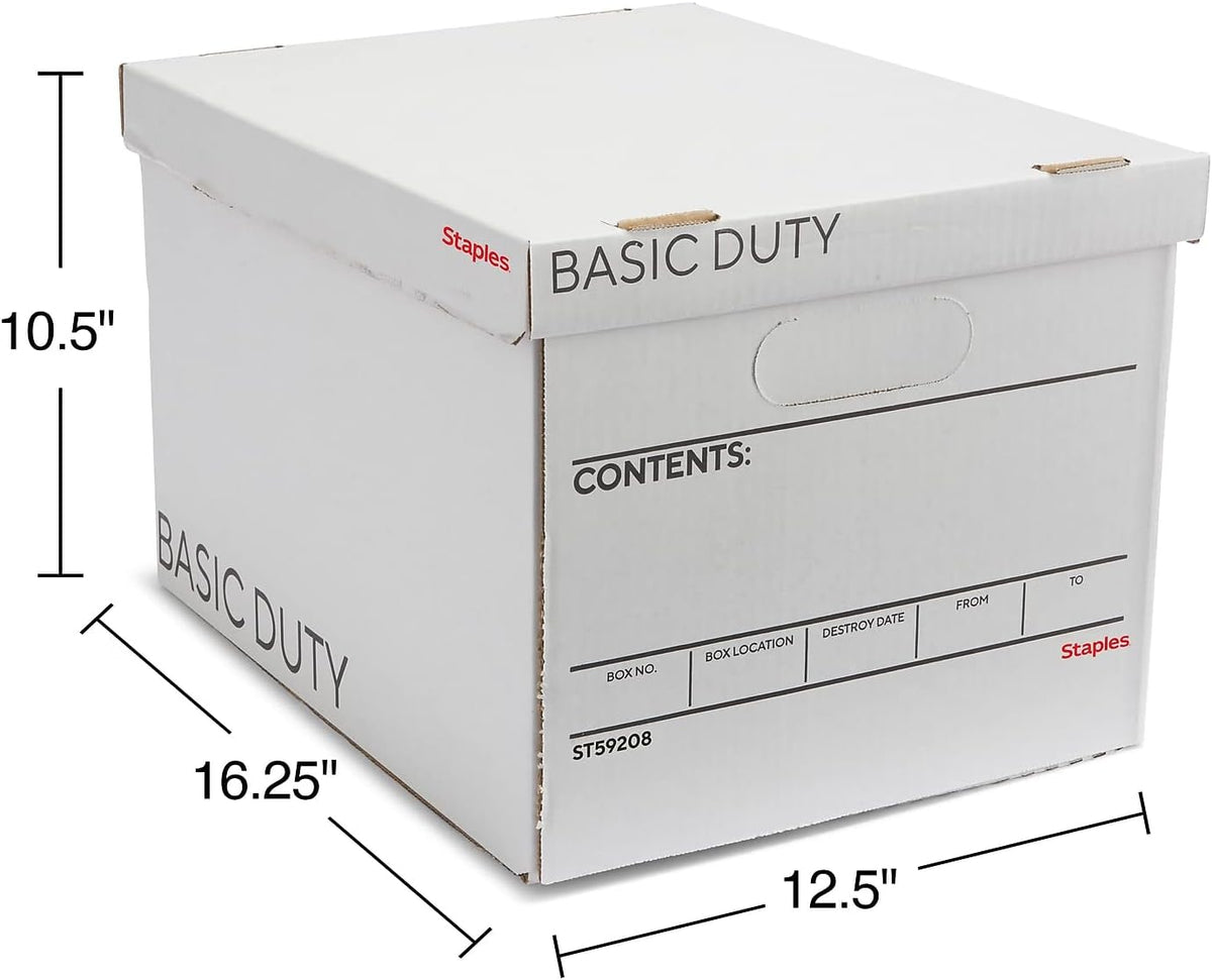 Staples Corrugated File Box, Lift-Off Lid, Letter/Legal, White/Black, 10/Pk