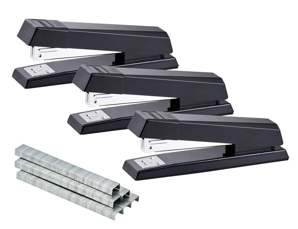 Bostitch Office No-Jam Premium Desktop Stapler, Full-Strip, Black, 1,250 Staples Included, 3-Pack