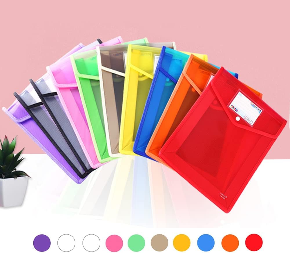 A4 Expandable Plastic File Pouch, Snap Closure, 10-Pack, Assorted Colors