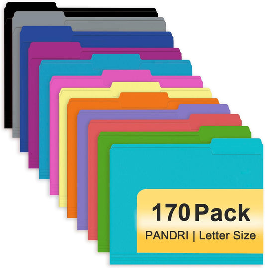 PANDRI Colored File Folders, 170 Pack 1/3 Cut Tab File Folder, 12 Colors