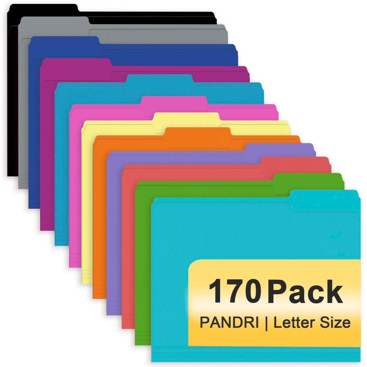 PANDRI Colored File Folders, 170 Pack 1/3 Cut Tab File Folder, 12 Colors