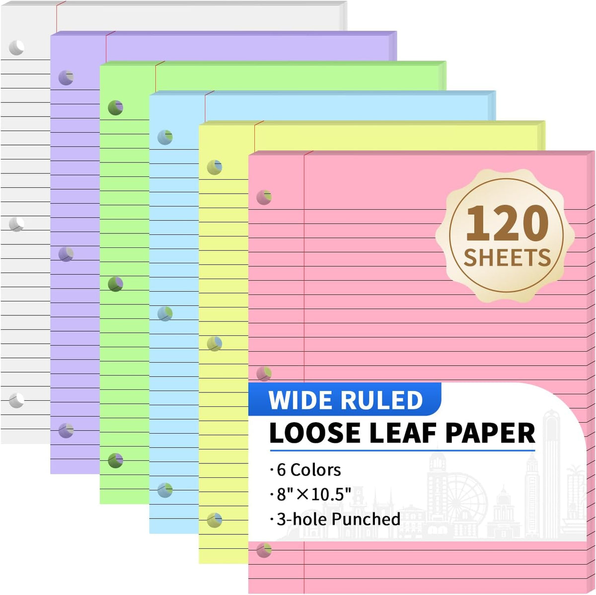 120 Sheets Loose Leaf Paper, 8” x 10.5”, 6 Colors Wide Ruled Lined Paper