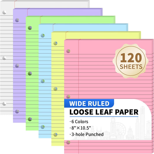 120 Sheets Loose Leaf Paper, 8” x 10.5”, 6 Colors Wide Ruled Lined Paper