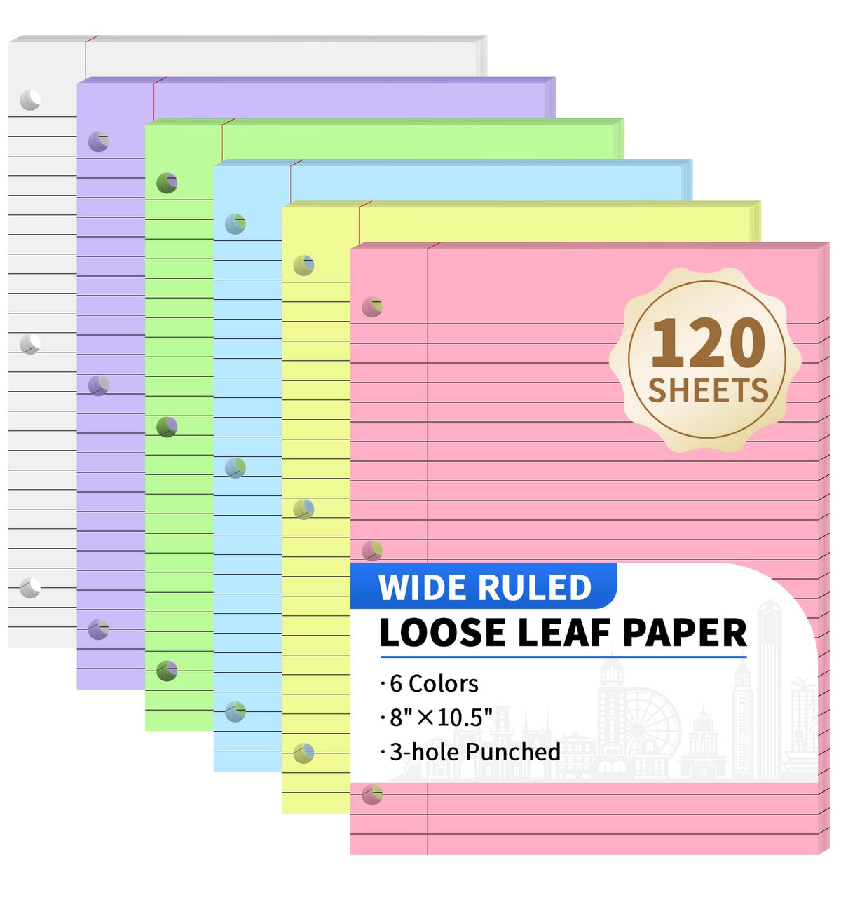120 Sheets Loose Leaf Paper, 8” x 10.5”, 6 Colors Wide Ruled Lined Paper