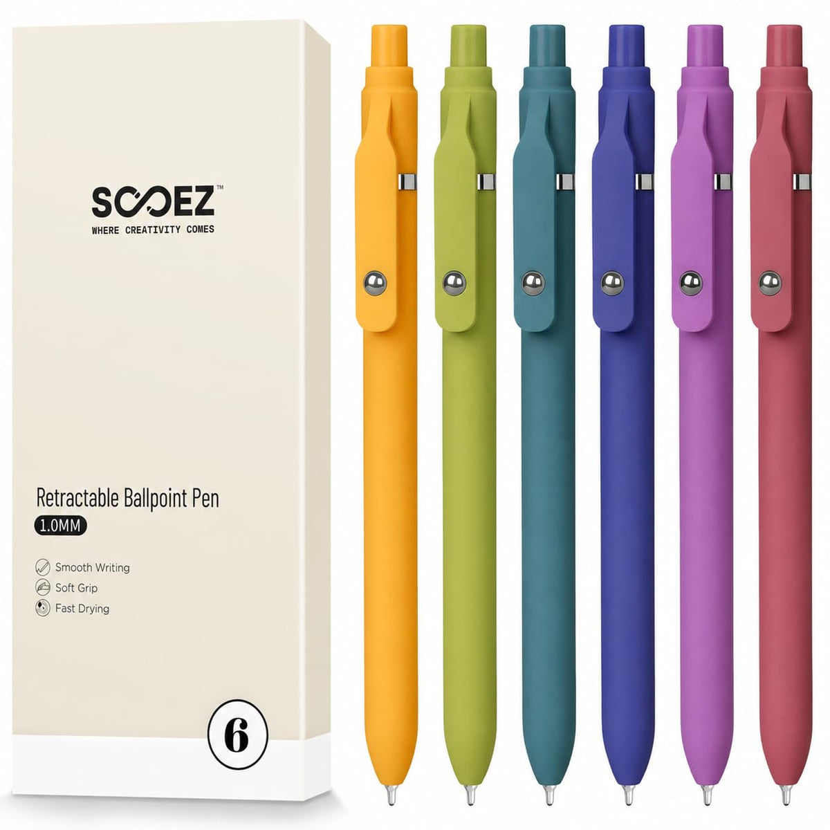 Sooez 6 Pack Ballpoint Pen, Retractable Black Pen ballpoint Smooth Writing