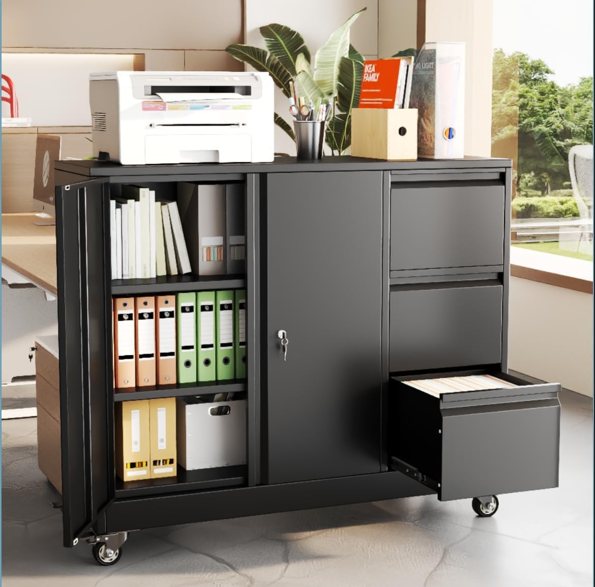 2 Drawer Metal File Cabinet with Lock,Lateral Filing Storage Cabinets,Steel Wide File Organization for Legal/Letter/A4/F4 Size with Hanging Files&Key,Lockable Printer Stand for Home Office, Black