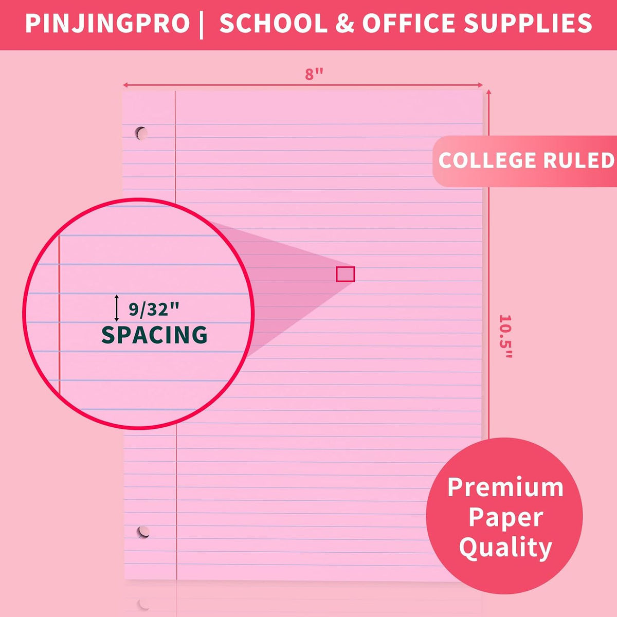 Loose Leaf Paper 120 Sheets Pink Paper 8x10.5 College Ruled Notebook Paper