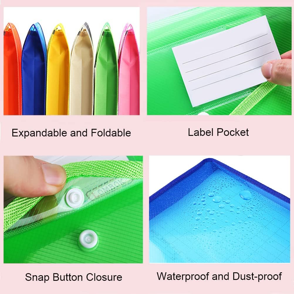 A4 Expandable Plastic File Pouch, Snap Closure, 10-Pack, Assorted Colors