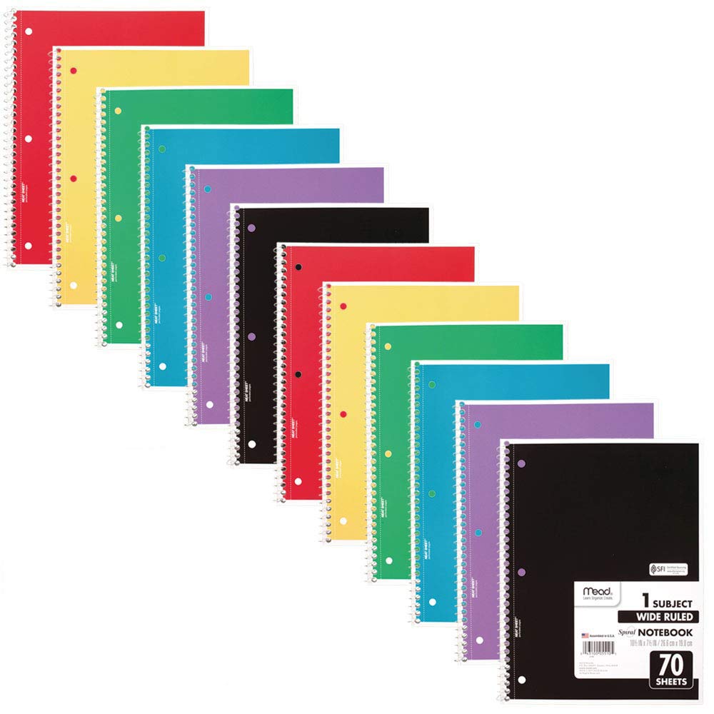 Mead Spiral Notebook, 6 Pack, 1 Subject, Wide Ruled Paper, 7-1/2" x 10-1/2", 70 Sheets per Notebook, Colors Will Vary (930201-ECM25)