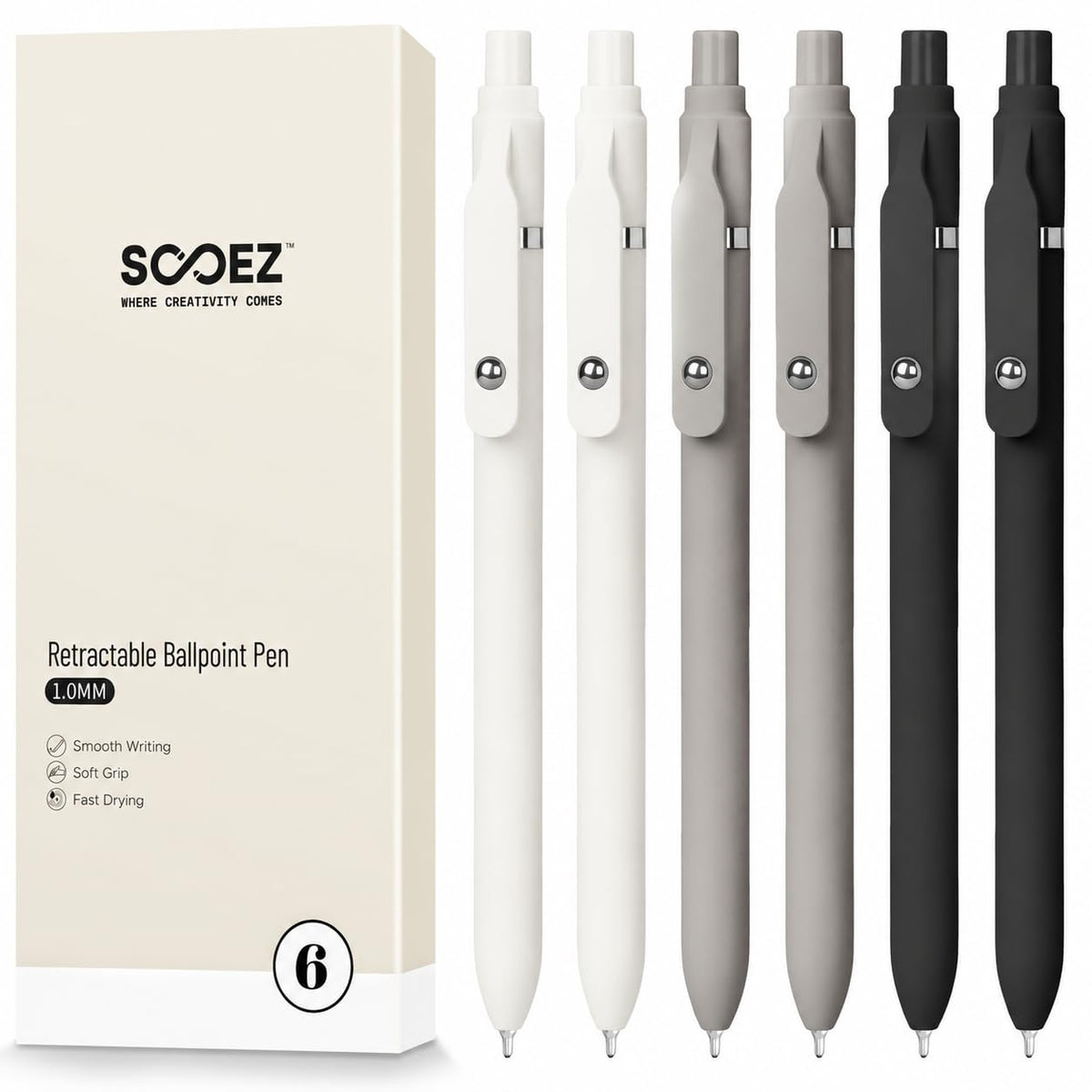 Sooez 6 Pack Ballpoint Pen, Retractable Black Pen ballpoint Smooth Writing