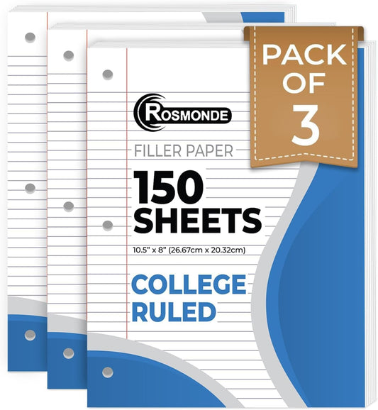 Rosmonde 450 Sheets Loose Leaf Paper, 3 Pack, College Ruled Filler Paper