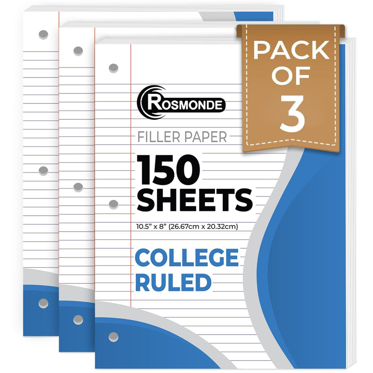Rosmonde 450 Sheets Loose Leaf Paper, 3 Pack, College Ruled Filler Paper