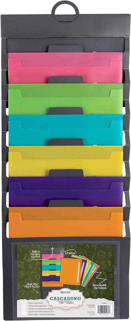 Samsill Cascading Wall File Organizer, Classrom Organization and Storage, 6 Removable Poly Hanging File Folders, Command Center Wall Organizer, Gray with Assorted Fashion Color Folders