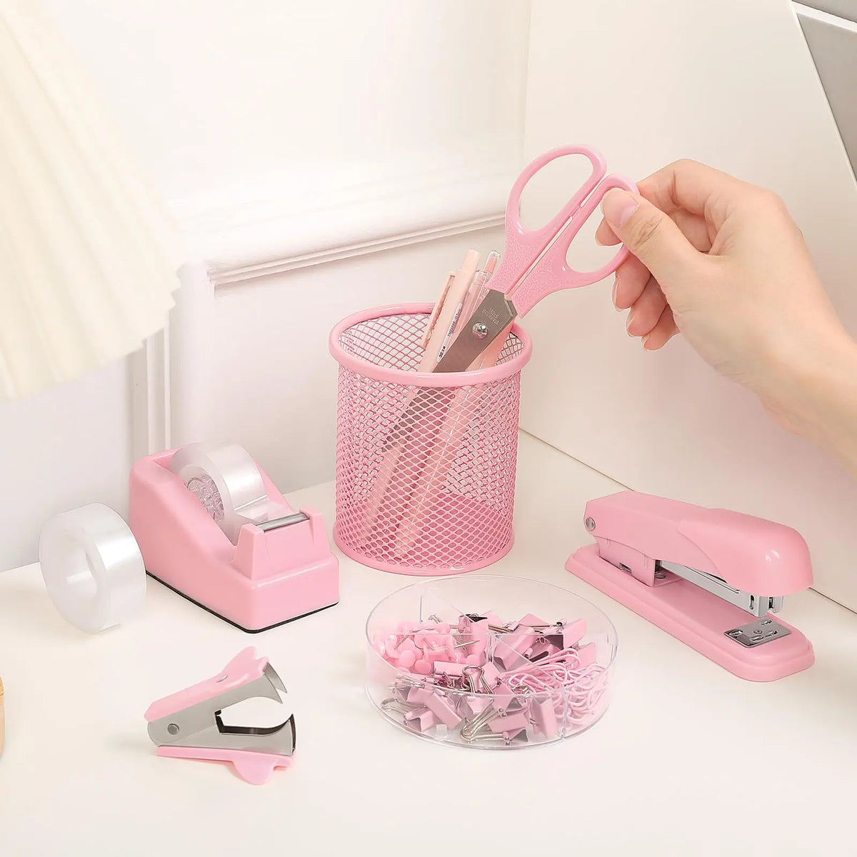 SKYDUE Pink Multifunctional Home Office Stationery Set - Office Accessories, Desk Accessories, Girly College School Supplies, Teacher Stuff, Space-Saver, Includes Stapler, Tape Dispenser, Scissors, Clips, 1000pcs Staples, Ideal for Women, Birthdays