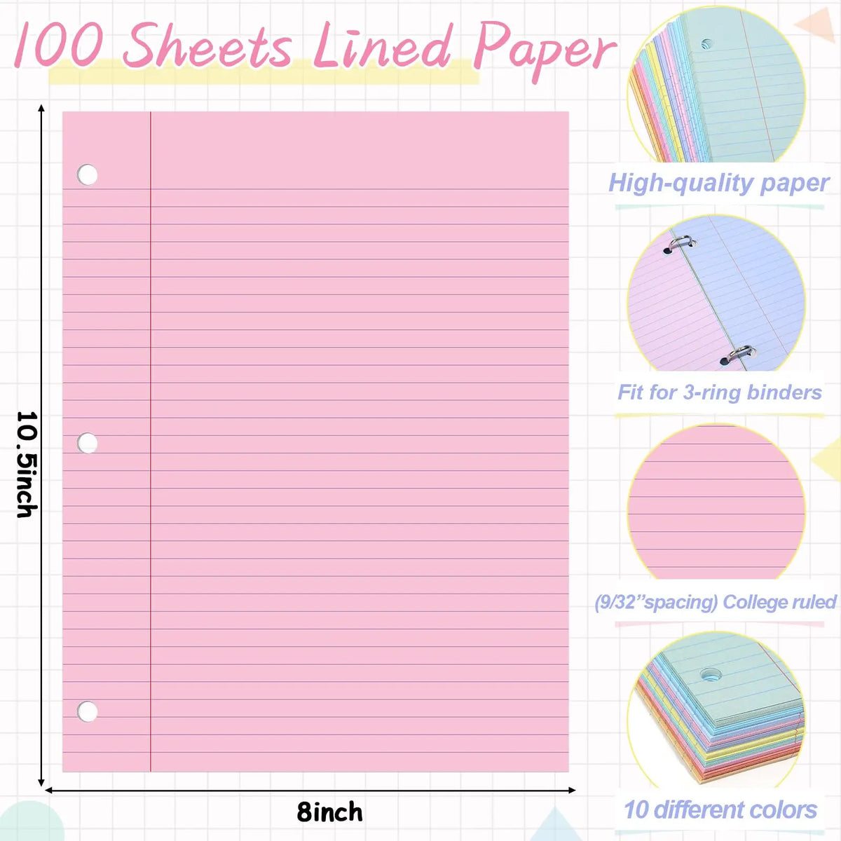 GISGFIM Durable College Ruled Loose Leaf Binder Paper - 100 Thick Sheets, 8"x10.5" 3-Hole Punched Refill Inserts for 3-Ring Binders, Vibrant Office Supplies with Ample Space, Back to School & School Supplies College Essentials, College School Supplies,soh