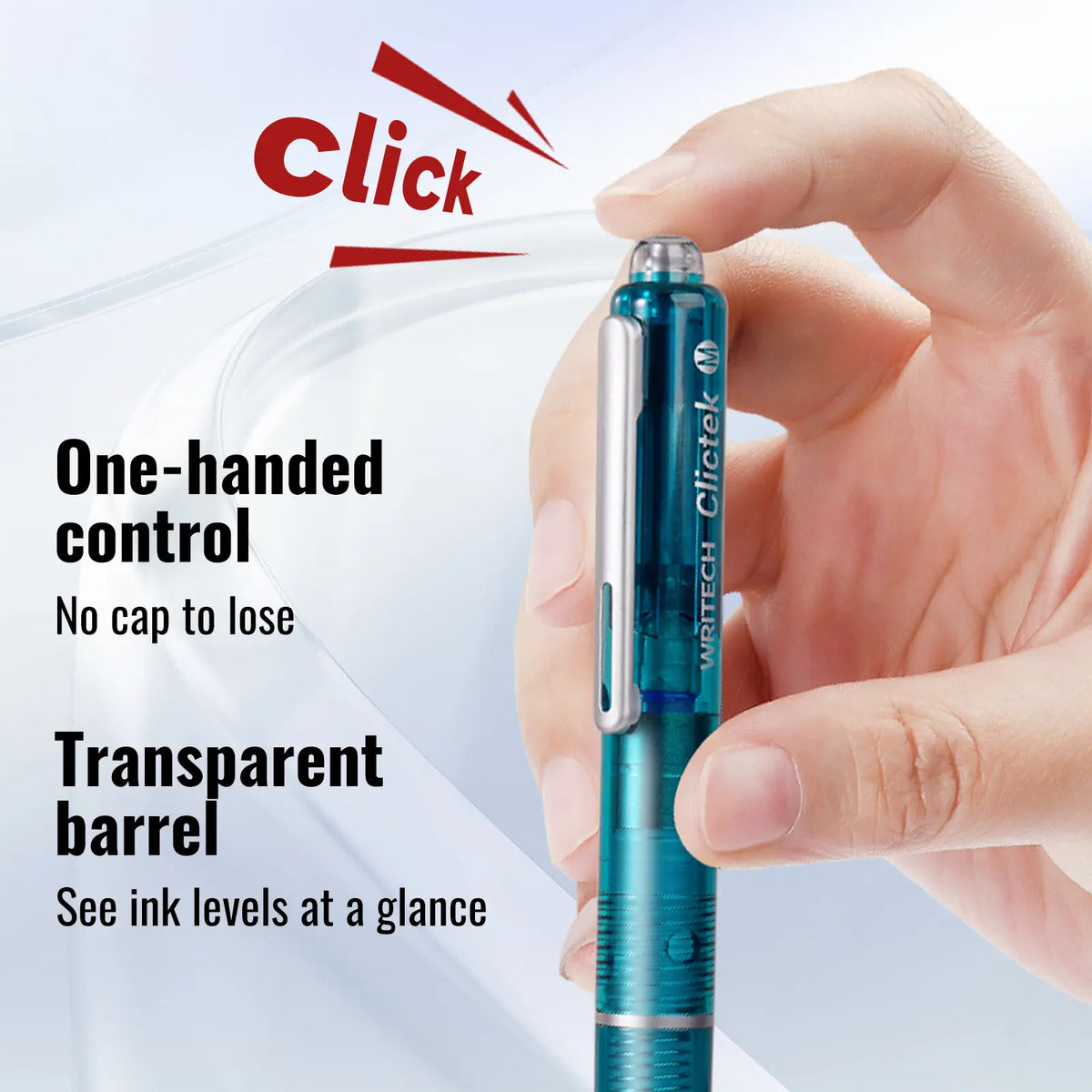 WRITECH Clictek Fountain Pen Set Retractable Style Blue Ink Medium Nib Transparent Barrel, Includes 5 Ink Cartridges for Gift Set Writing Tools Stationery Office Supplies