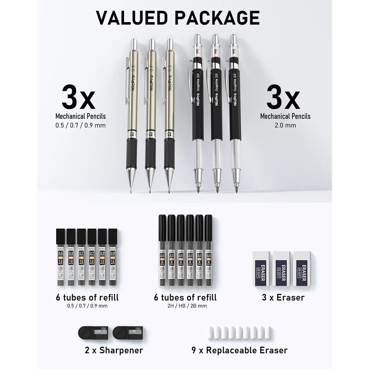 Nicpro 2.0 mm Compact Metal Mechanical Pencil Set - Graphite Mechanical Pencils, Lead Holder with Lead Refills Case for Writing, Sketching (Office Stationery Writing Tool)