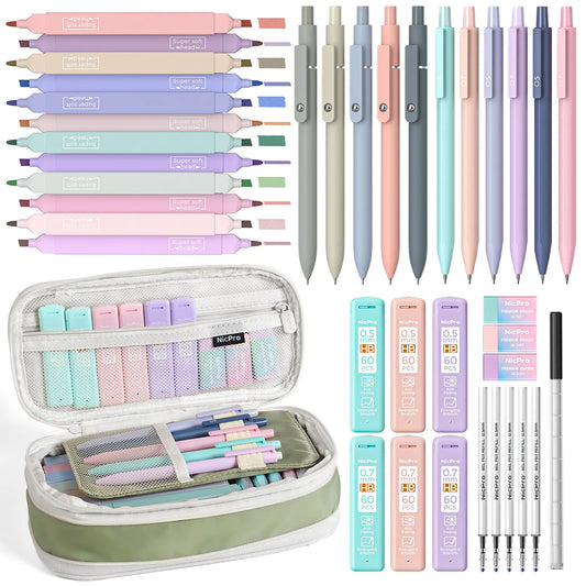 Nicpro Stationary Set, Cute Office & School Supplies with Big Capacity Pencil Pouch, 6 Pastel 0.5-0.7mm Smooth-Writing Mechanical Pencils & Markers for Students,back to school,back to school shopping,back to school,back to school haul