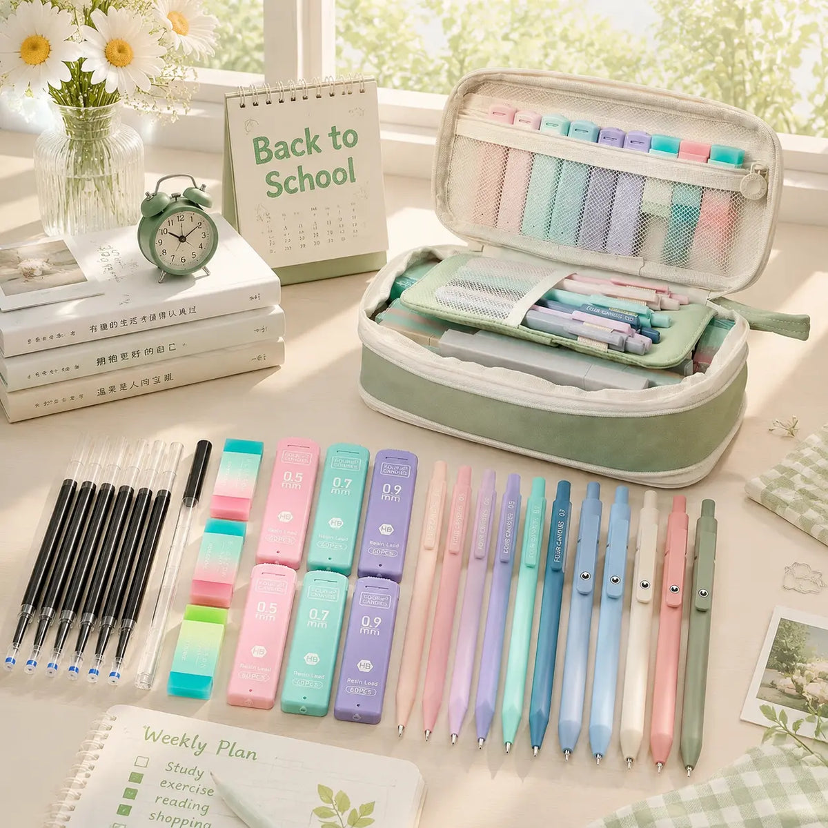 Four Candies 36PCS Aesthetic School Supplies, Mechanical Pencils 0.5mm, 0.7mm, 0.9mm & 2.0mm with 624PCS Lead Refills,Cute Mechanical Pencils for Writing,Drawing & Drafting，girly office supplies, Student Essentials, school supplies art work,Stationery Set