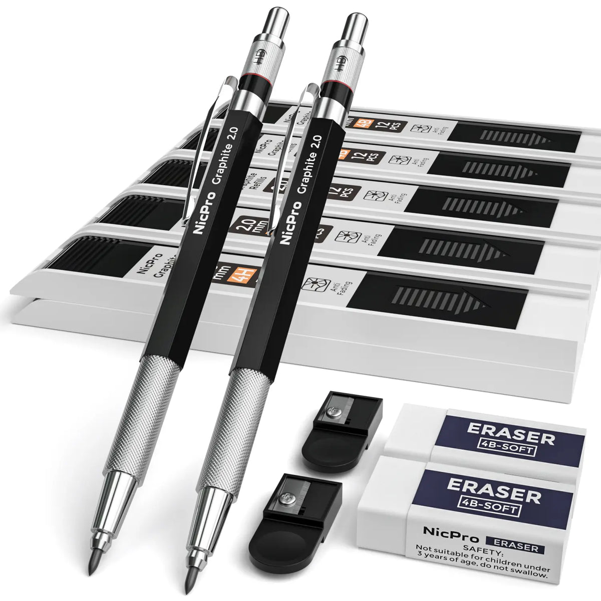 Nicpro 2.0 mm Compact Metal Mechanical Pencil Set - Graphite Mechanical Pencils, Lead Holder with Lead Refills Case for Writing, Sketching (Office Stationery Writing Tool)