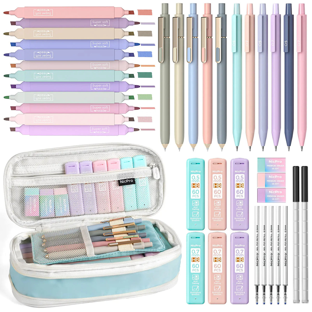 Nicpro Stationary Set, Cute Office & School Supplies with Big Capacity Pencil Pouch, 6 Pastel 0.5-0.7mm Smooth-Writing Mechanical Pencils & Markers for Students,back to school,back to school shopping,back to school,back to school haul