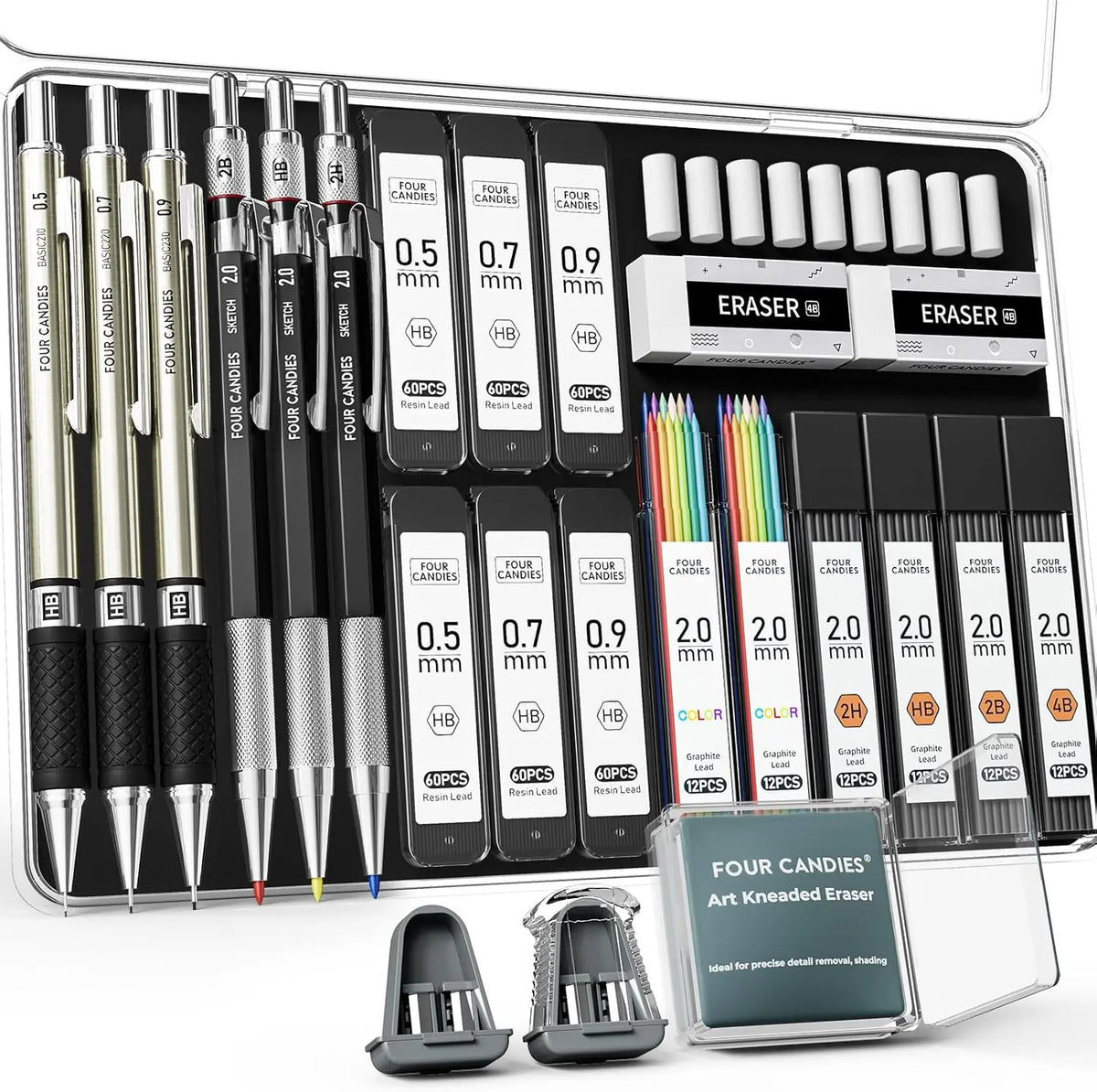 【back to school supplies】 Four Candies 25PCS Mechanical Pencil Set with Case,3PCS 0.5/0.7/0.9mm Metal Pencils,3PCS 4B Erasers &432PCS Graphite Leads,Back to School Shopping,School Essentials for Writing,Drawing,