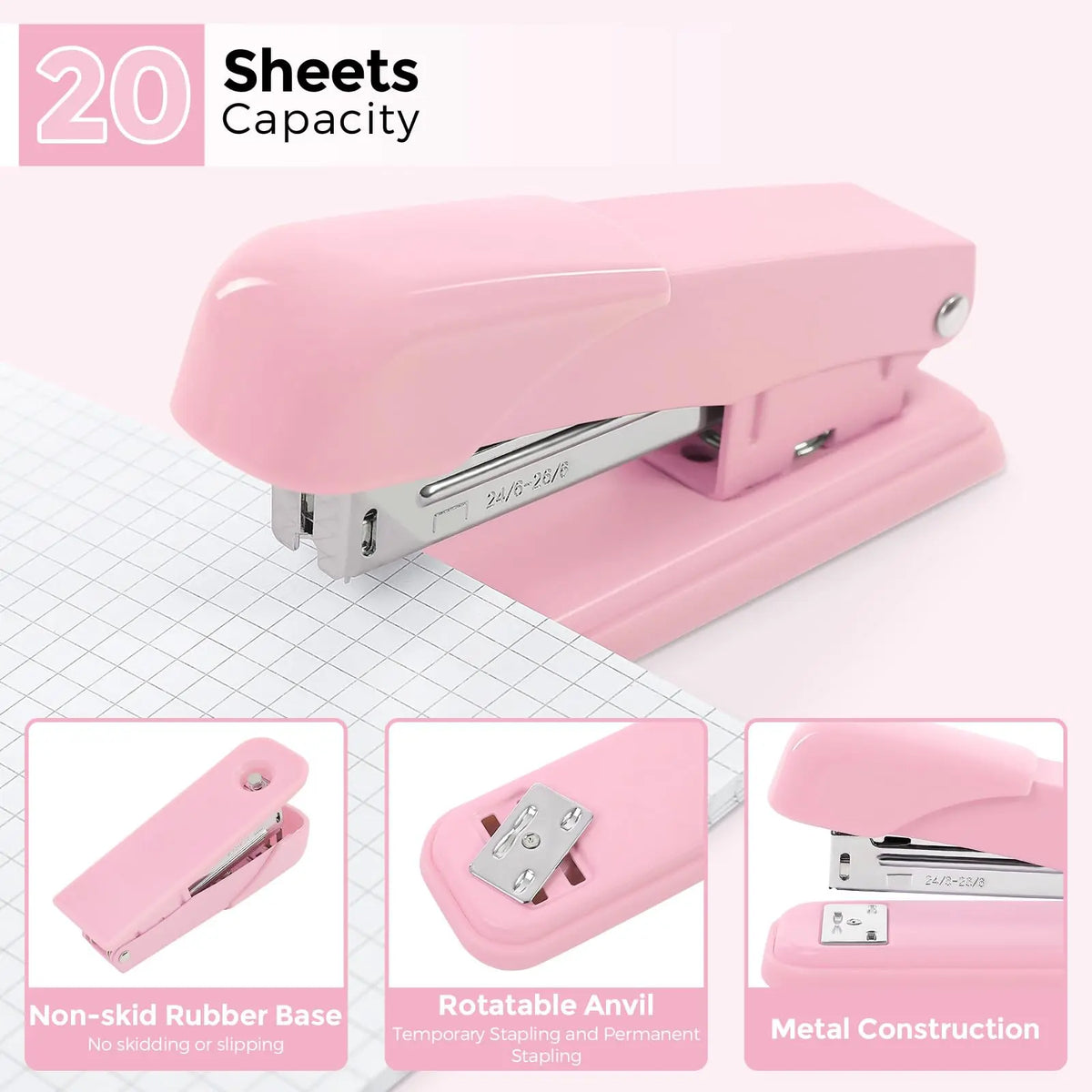 SKYDUE Pink Multifunctional Home Office Stationery Set - Office Accessories, Desk Accessories, Girly College School Supplies, Teacher Stuff, Space-Saver, Includes Stapler, Tape Dispenser, Scissors, Clips, 1000pcs Staples, Ideal for Women, Birthdays