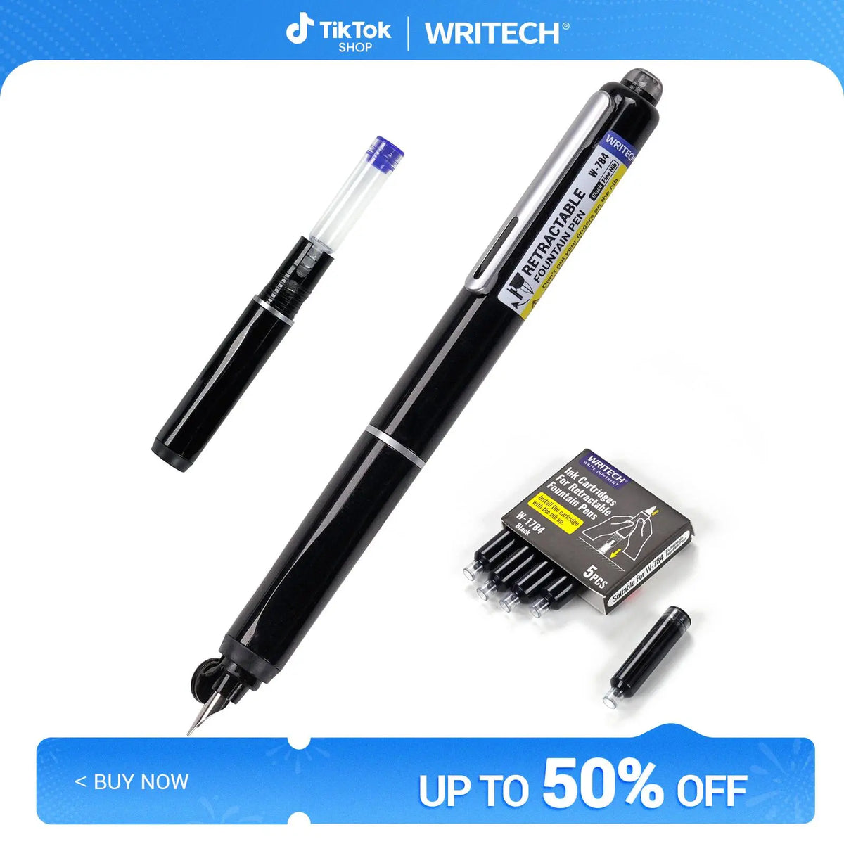 WRITECH Clictek Fountain Pen Set Retractable Style Blue Ink Medium Nib Transparent Barrel, Includes 5 Ink Cartridges for Gift Set Writing Tools Stationery Office Supplies