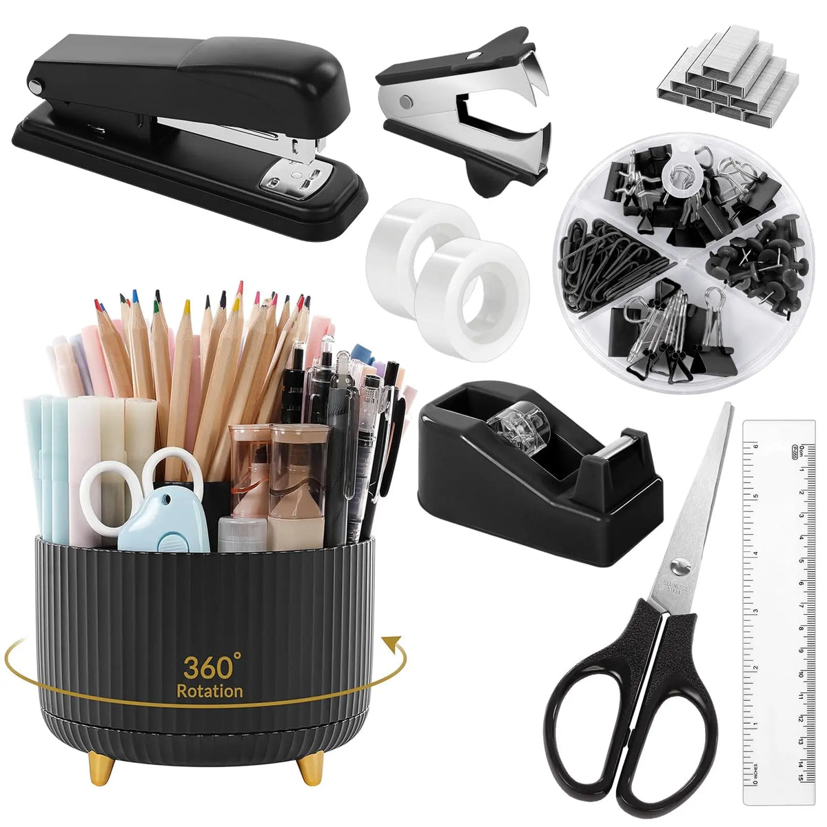 SKYDUE 10PCS Cute Office Accessories Desk Supplies Set - 1x360-Degree Rotating Pen Holder, Stapler, Tape Dispenser, Scissors, Ruler, Binder Clips, 1000pcs Staples, Anti-Tipping Organizer for Stationery Supplies, Desk Organization, Birthdays