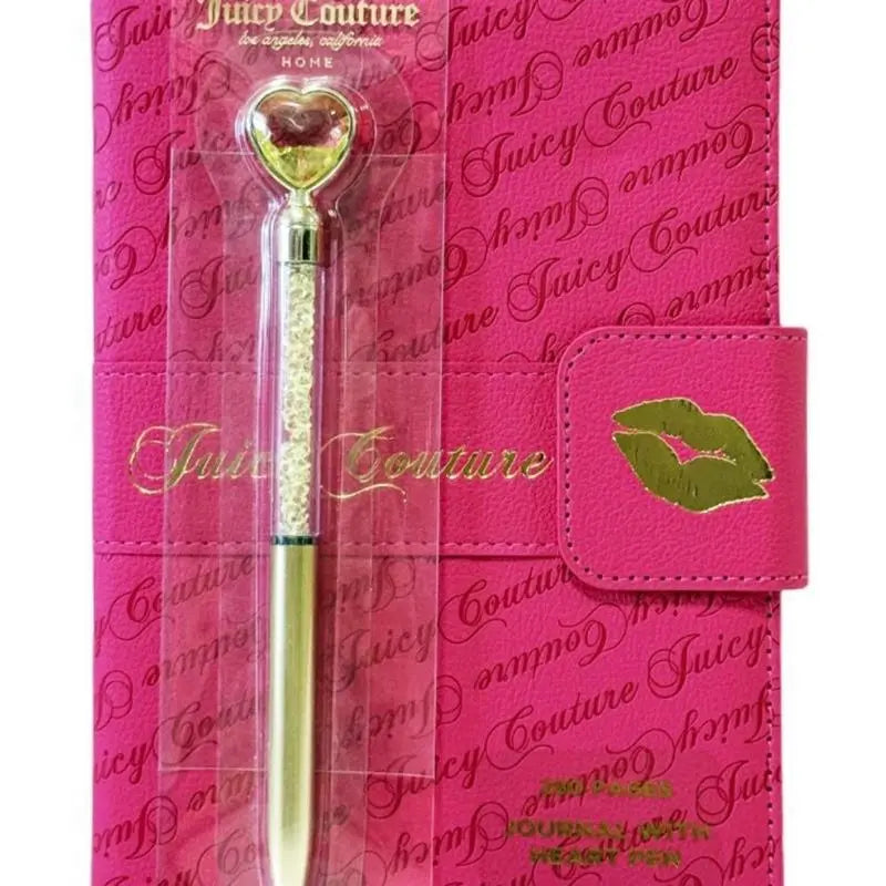 Juicy Couture Faux Leather with Gold Foil Lips Notebook Set with 1 Smooth Writing Retractable Stone Heart Detail Gel Pen, Office Stationery Supplies, Writing Stationery