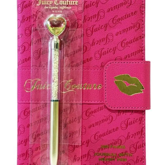 Juicy Couture Faux Leather with Gold Foil Lips Notebook Set with 1 Smooth Writing Retractable Stone Heart Detail Gel Pen, Office Stationery Supplies, Writing Stationery