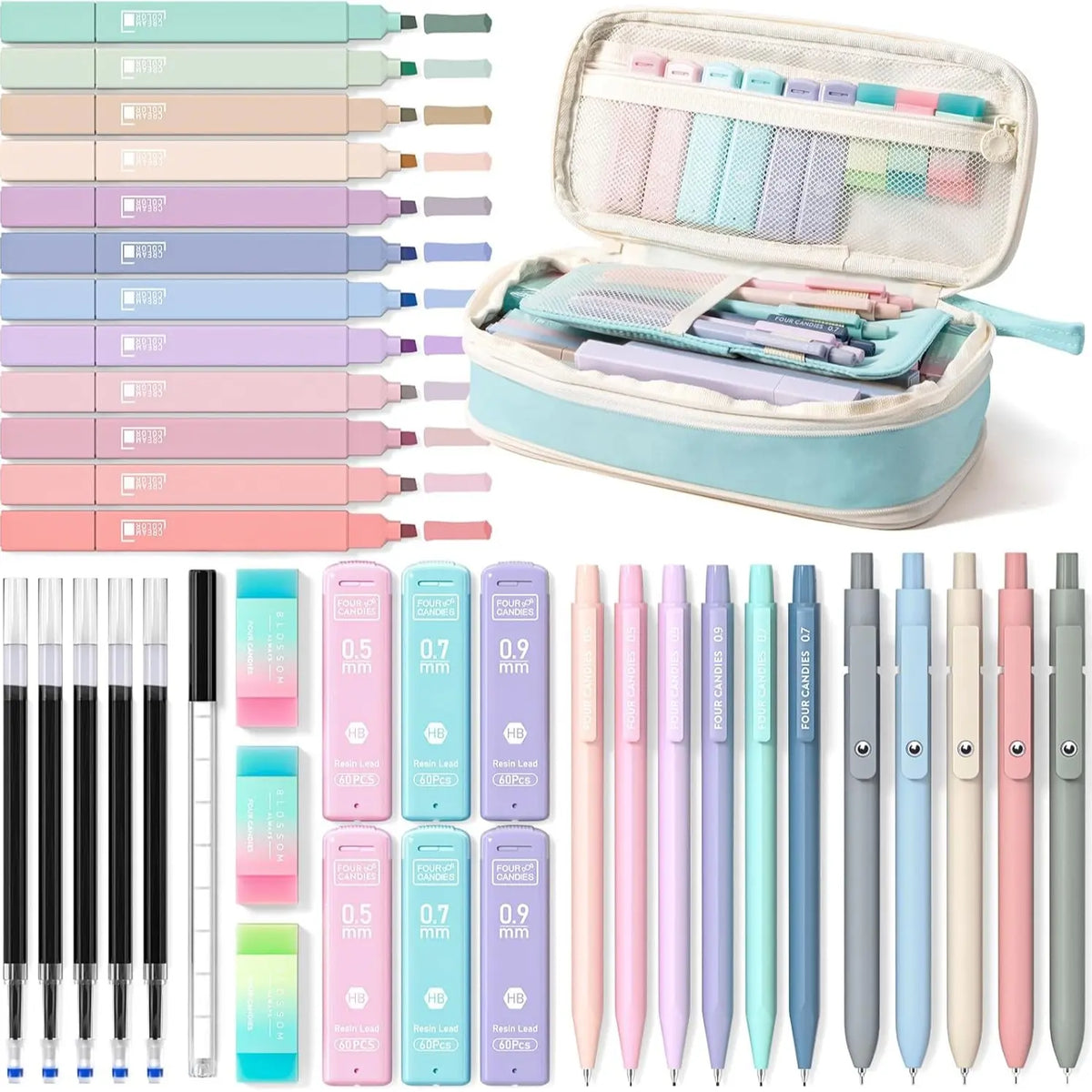 【Buy 1 Get Gift】back to school shopping Four Candies 56PCS Aesthetic School Supplies with Cute Pencil Case,6 Multicolor Pens,12 Pastel Highlighters, 5 Black Ink Gel Pens, 9 Mechanical Pencils for Student Essentials,girly office supplies,Writing Stationery