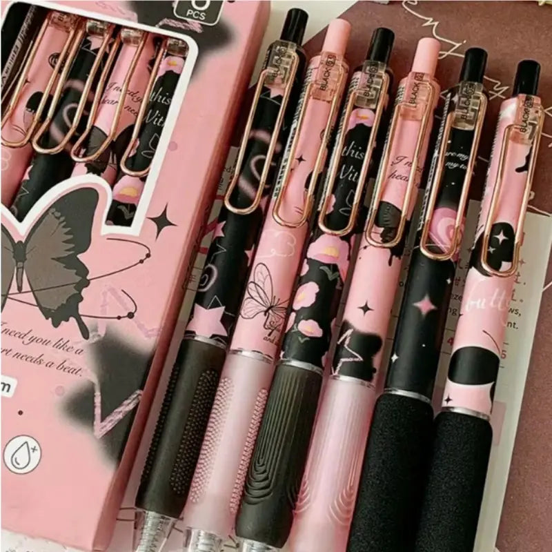 6-Piece Butterfly & Rose Design Retractable Gel Pens, Aesthetic Gel Pens, 0.5mm Fine Point, Smooth Writing Pens, Stationery Supplies for School, Office & Home