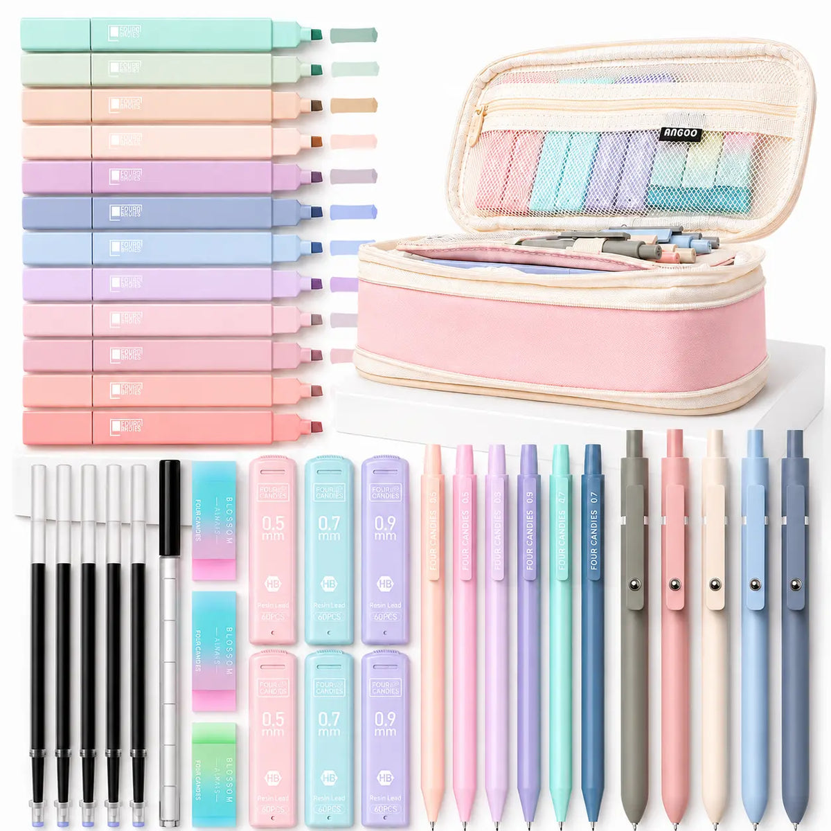 【back to a school shopping】Four Candies School Supplies with Cute Pencil Case, 39ct | Back to School Stationery Set, Essentials for College & Nursing Students, 5 Gel Pens, 6 Mechanical Pencils, 12 Highlighters