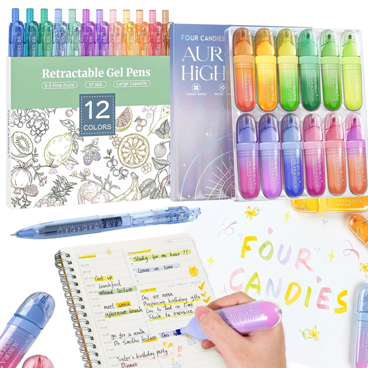 Four Candies 12Pack Retractable Gel Pens,0.5mm Fine Point Pastel Gel Pen Set,Note Taking Aesthetic Pens, 10 Black,1 Pink Ink with 1 Highlighter,Smooth Writing magical Pens gift(Pink/Blue/Brown/Green/Purple)back to school Supplies