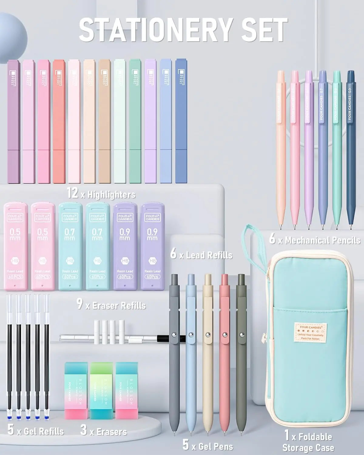 【back to a school shopping】Four Candies School Supplies with Cute Pencil Case, 39ct | Back to School Stationery Set, Essentials for College & Nursing Students, 5 Gel Pens, 6 Mechanical Pencils, 12 Highlighters