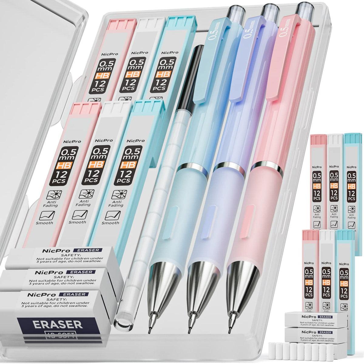 Nicpro 3PCS Cute Mechanical Pencil Set with Case, 0.7 mm Pencils