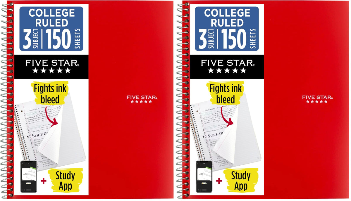 Five Star Spiral Notebook + Study App, 3 Subject, College Ruled Paper, 8.5" x 11", 150 Sheets, Blue (Color May Vary) (820003NH0)
