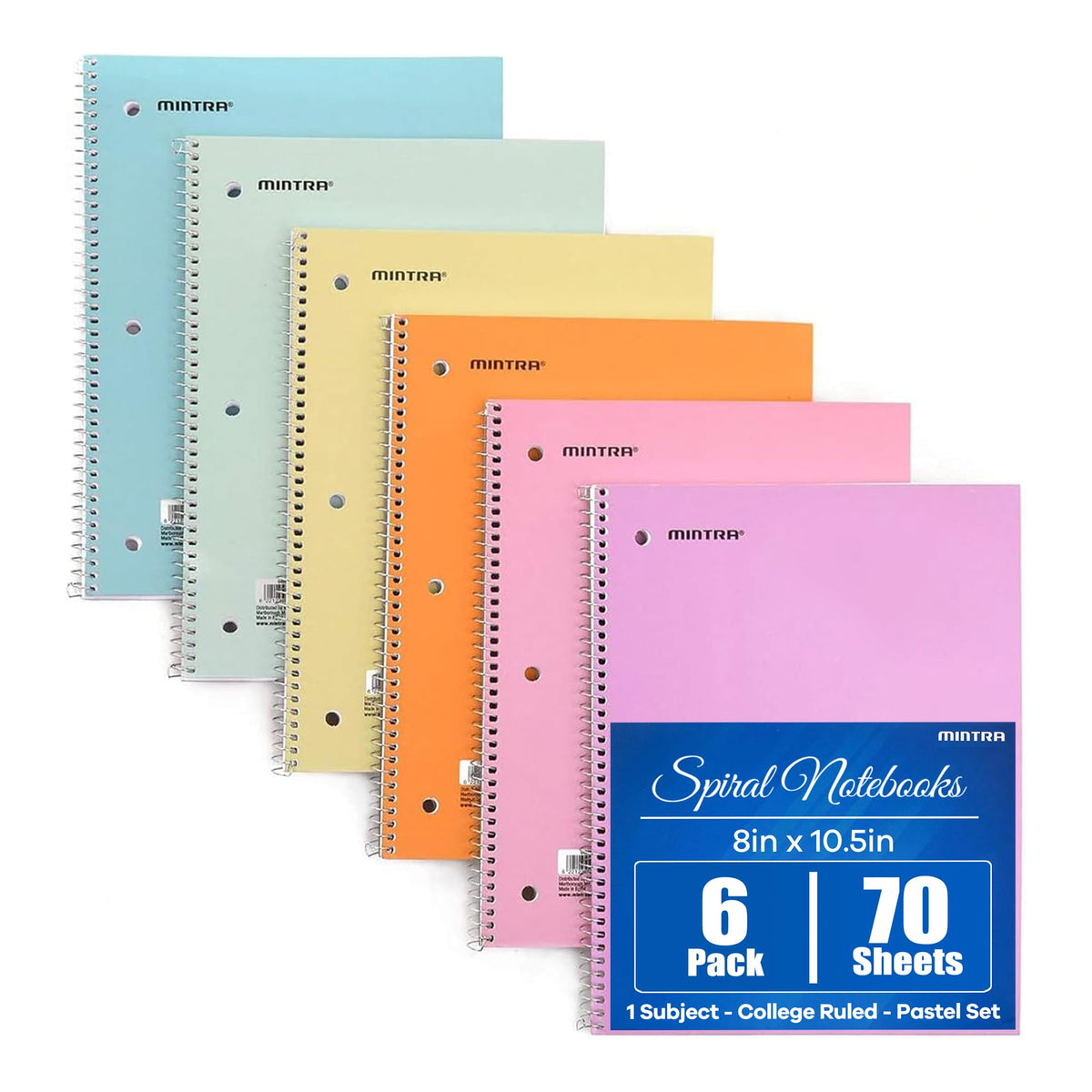 Mintra Office Spiral Notebooks, Wirebound, Journals for School, Work, Business, Aesthetic Stationery, Writing Pads, Teacher & Student Supplies (6, Pastel, College)