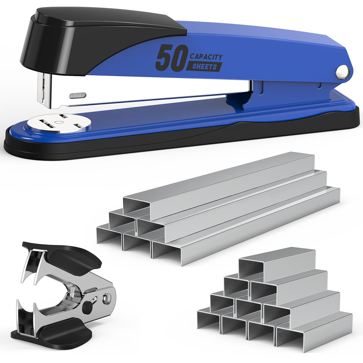 Metal Stapler Heavy Duty 50 Sheet Capacity with 1750 Staples and Staple Remover, Full Strip Staplers for Desk, No Jam, Non-Slip for Office & Classroom, Black
