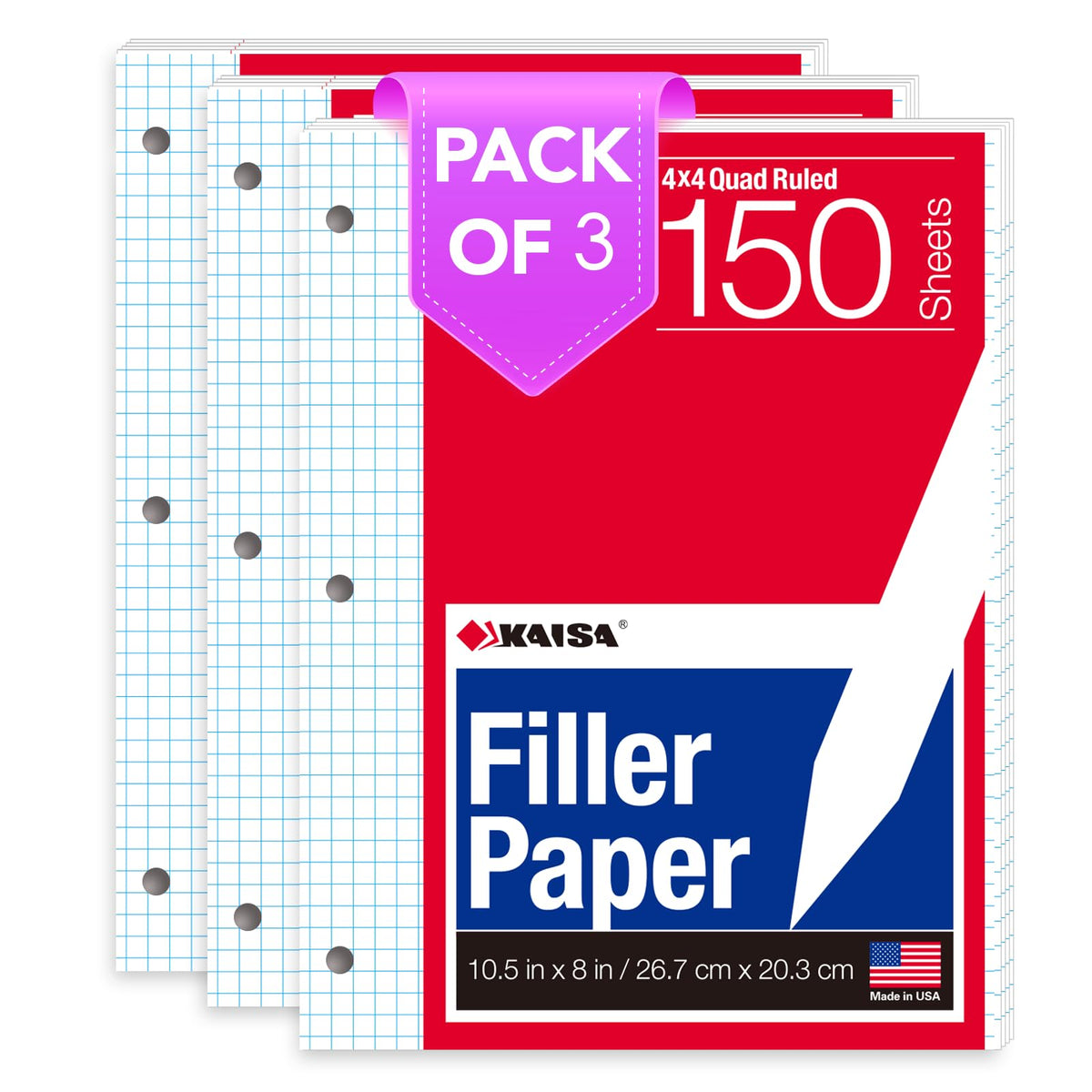 Kaisa Notebook Paper Bulk Wholesale Available 3 Pack Notebook Paper College Ruled 3-Hole Punched Loose Leaf Paper 8x10.5 Filler Paper for 3-Ring Binder, 150 Sheets/Pack (3 Pack-college)