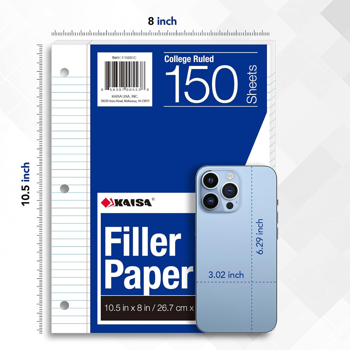 Kaisa Notebook Paper Bulk Wholesale Available 3 Pack Notebook Paper College Ruled 3-Hole Punched Loose Leaf Paper 8x10.5 Filler Paper for 3-Ring Binder, 150 Sheets/Pack (3 Pack-college)