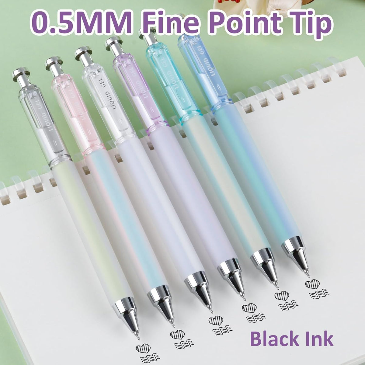 FIOVER 6 Pack 0.5mm Black Gel Pens, Quick Dry Fine Tip Pens