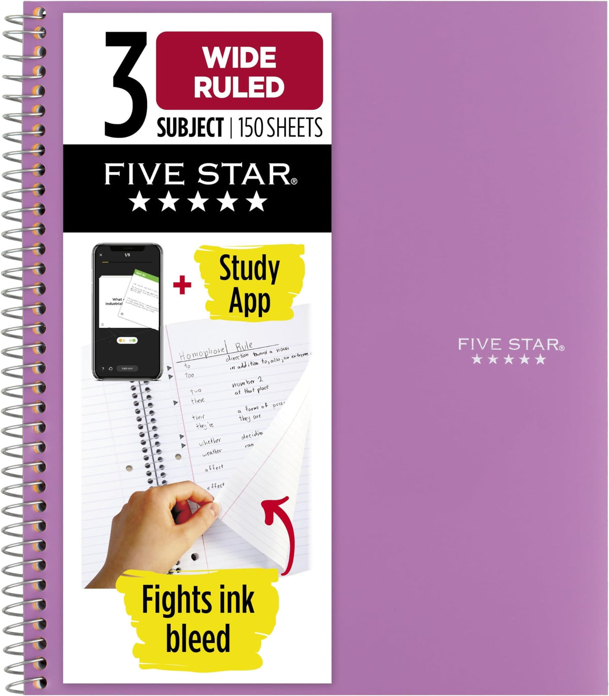 Five Star Spiral Notebook + Study App, 3 Subject, Wide Ruled Paper, 8" x 10-1/2", 150 Sheets, Fights Ink Bleed, Water Resistant Cover, Forest Green (73176)