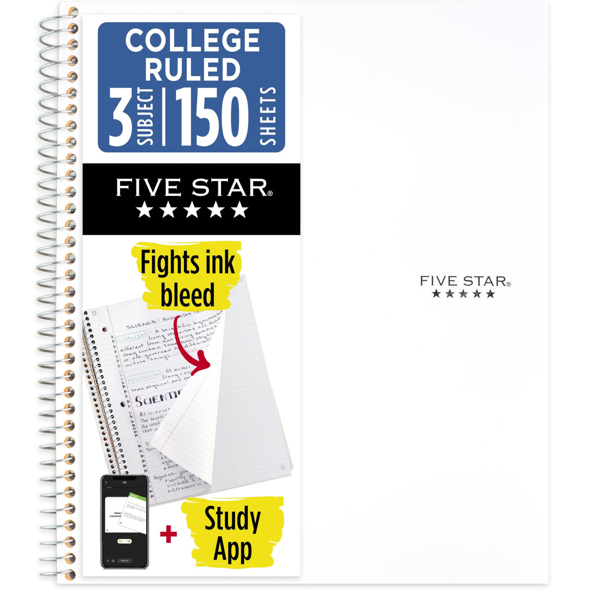 Five Star Spiral Notebook + Study App, 3 Subject, College Ruled Paper, 8.5" x 11", 150 Sheets, Blue (Color May Vary) (820003NH0)