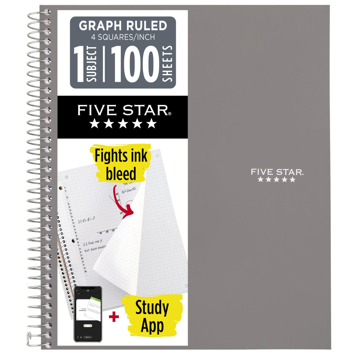 Five Star Spiral Notebook + Study App, 1 Subject, Graph Ruled Paper, 8-1/2" x 11", 100 Sheets, Fights Ink Bleed, Water Resistant Cover, Black (73679)